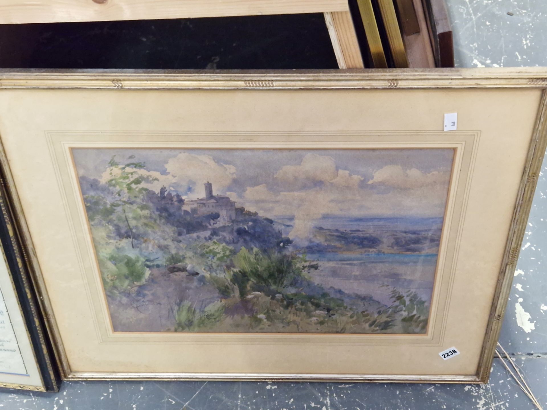 20th C. ENGLISH SCHOOL A CONTINENTAL COASTAL LANDSCAPE, SIGNED INDISTINCTLY, WATERCOLOUR. 38 x 54cms - Image 2 of 2