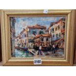 20th C. CONTINENTAL SCHOOL A VENETIAN VIEW, SIGNED INDISTINCTLY OIL ON BOARD, 18 x 23cms