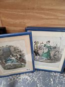 A GROUP OF ANTIQUE AND LATER PICTURES INCLUDING EQUESTRIAN PRINTS AND COMIC PRINTS ETC