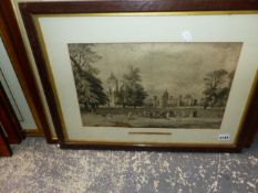 A VINTAGE PRINT OF RUGBY SCHOOL FROM THE CLOSE 26 X 43 CM TOGETHER WITH A PENCIL SIGNED COLOUR PRINT