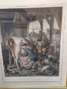 AFTER LANDSEER A FOLIO HAND COLOURED PRINT OF A MILKING SCENE. 81 x 65cms