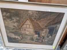 AFTER GEORGE MORLAND TWO VINTAGE WATERCOLOURS OF RURAL SCENES. 44 x 61cms TOGETHER WITH A MAP OF