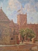 RUMSEY ? ENGLISH 19th/20th C. SCHOOL, BY THE CATHEDRAL, SIGNED OIL ON CANVAS 60 x 50cms