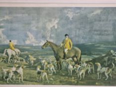 AFTER ALFRED MUNNINGS A PENCIL SIGNED COLOURED PRINT OF A HUNT SCENE. 46 x 66cms TOGETHER WITH