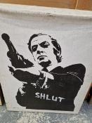 A DECORATIVE OIL ON CANVAS OF MICHAEL CAINE, "shlut " IN THE MANNER OF BANKSY UNFRAMED, INITIALLE
