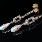 A PAIR OF DIAMOND AND CULTURED PEARL ART DECO STYLE ARTICULATED DROP EARRINGS FITTED WITH SCREW DOWN