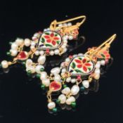 A PAIR OF TRADITIONAL INDIAN DESIGN DROP EARRINGS. THE EARRINGS SET WITH DIAMONDS AND PEARLS. THE