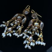 A PAIR OF TRADITIONAL INDIAN CHANDELIER TYPE DROP EARRINGS. EACH EARRING SET WITH WHITE GEMSTONES