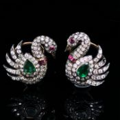 A PAIR OF DIAMOND AND GEMSET SWAN EARRINGS WITH SCREW DOWN PIERCED EARRING FITTINGS AND SAFETY LEVER