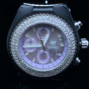 A VINTAGE TECHNO MARINE DIAMOND BEZEL WATCH ON LEATHER STRAP WITH LILAC DIAL.
