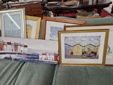 AN OIL PAINTING OF A HARBOUR VILLAGE TOGETHER WITH FIVE PRINTS