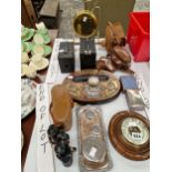 A VICTORIAN INKSTAND, CAMERAS, A BRASS GONG, AN ANEROID BAROMETER, DRESSING TABLE BOTTLES, ETC.