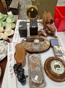A VICTORIAN INKSTAND, CAMERAS, A BRASS GONG, AN ANEROID BAROMETER, DRESSING TABLE BOTTLES, ETC.