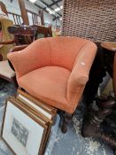 A TUB ARMCHAIR ON MAHOGANY CABRIOLE FRONT LEGS WITH PAD FEET