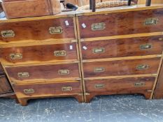A PAIR OF VINTAGE CAMPAIGN STYLE YEW WOOD FOUR DRAWER SMALL CHESTS.