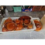BROWN GLAZED SERVING DISHES, SOUP BOWLS, A TEA POT, ETC. BY WATTISFIELD AND OTHER MAKERS
