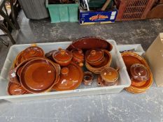 BROWN GLAZED SERVING DISHES, SOUP BOWLS, A TEA POT, ETC. BY WATTISFIELD AND OTHER MAKERS
