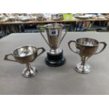 THREE HALLMARKED SILVER TROPHY CUPS. 361grms.