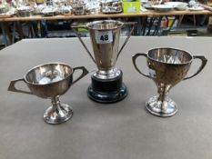 THREE HALLMARKED SILVER TROPHY CUPS. 361grms.
