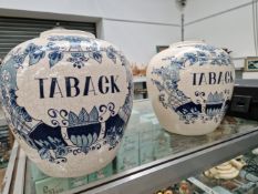 TWO 18th C. DUTCH DELFT STYLE BLUE AND WHITE JARS LABELLED TOBACK