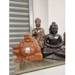 TWO FIGURES OF THE BUDDHA TOGETHER WITH A WOODEN FIGURE OF BUDAI LAUGHING