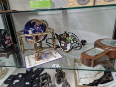 AN ASTON TRADING GEMSTONE GLOBE, A LEADED GLASS LAMP AND TEA POT TOGETHER WITH AN OAK CASED