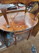 A REGENCY SATIN WOOD AND BURR WOOD INLAID OVAL PEMBROKE TABLE ON SQUARE TAPER LEGS.