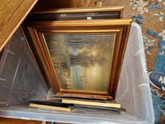 A QUANTITY OF FOILED BACK ART DECO STYLE PICTURES, AN OIL PAINTING AND A VINTAGE PHOTOGRAPH.