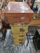 A LEATHER SUITCASE TOGETHER WITH A CANVAS COVERED TRUNK