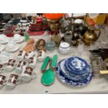 A GREEN ENAMELLED SILVER HAND MIRROR AND CLOTHES BRUSHES, RICHMOND TEA WARES, TWO TABLE AND AN OIL