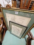 FRAMED MAPS OF OXFORDSHIRE AND OF LINCOLNSHIRE TOGETHER WITH A FRAMED FLORAL PRINT