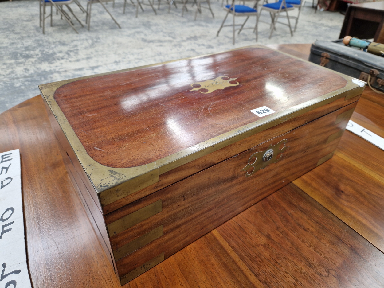 A 19th C. BRASS BOUND MAHOGANY WRITING SLOPE WITH A DRAWER TO ONE SIDE