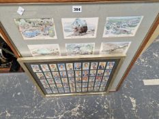 A FRAME OF 1938 CIGARETTE CARDS DEPICTING CRICKETERS TOGETHER WITH A FRAME OF CAMPING CARTOON POST