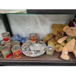 TWO TEDDY BEARS, A DOLL, COLLECTORS TIN CANS, A PLATE, A PART TEA SET, ETC.