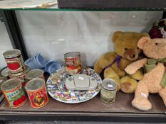 TWO TEDDY BEARS, A DOLL, COLLECTORS TIN CANS, A PLATE, A PART TEA SET, ETC.