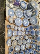 A LARGE COLLECTION OF WEDGWOOD BLUE JASPER WARES, TO INCLUDE: A CLOCK, A BAROMETER AND