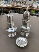TWO HALLMARKED SILVER SUGAR CASTERS AND A PIN DISH WITH COIN CENTRE. GROSS WEIGHT 428grms.
