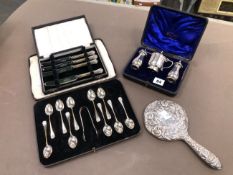 A CASED HALLMARKED SILVER CRUET SET, A CASED SET OF 11 TEA SPOONS WITH TONGS, FOUR SILVER HANDLES