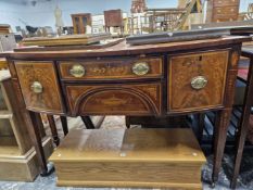 A 19th C. SATIN WOOD BANDED AND FOLIATE INLAID MAHOGANY BOW FRONT SIDEBOARD. W 138 x D 63 x H