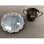 A HALLMARKED SILVER FOOTED SALVER, AND A TWO HANDLES LARGE HALLMARKED SIVER LOVING CUP WITH