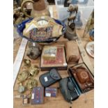 CAMERAS, INDIAN AND OTHER SOUVENIRS, A WASH BOWL, VICTORIAN STAMP BOX, FRAMED PRINTS, ETC.