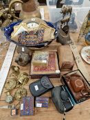 CAMERAS, INDIAN AND OTHER SOUVENIRS, A WASH BOWL, VICTORIAN STAMP BOX, FRAMED PRINTS, ETC.