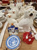 TWO PAIRS OF STAFFORDSHIRE SPANIELS, A COTTAGE, TWO EQUESTRIAN FIGURES, A DOULTON LADY AND SIDE