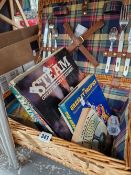 A FITTED PICNIC BASKET TOGETHER WITH BOOKS, TO INCLUDE SOME ON TRAINS