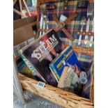 A FITTED PICNIC BASKET TOGETHER WITH BOOKS, TO INCLUDE SOME ON TRAINS