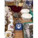 ROYAL COMMEMORATIVE MUGS, DECANTERS, ELECTROPLATE CUTLERY, A PLATE ON COPPER WINE FUNNEL, ETC.