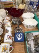 ROYAL COMMEMORATIVE MUGS, DECANTERS, ELECTROPLATE CUTLERY, A PLATE ON COPPER WINE FUNNEL, ETC.