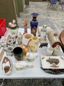 STAFFORDSHIRE SPANIELS, OTHER FIGURES, STONE WARE HOT WATER BOTTLES, VASES, ETC.