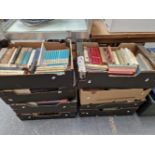 EIGHT TRAYS OF VARIOUS BOOKS, TO INCLUDE NOVELS, GUIDES, BIOGRAPHIES, ETC.