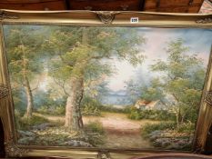 A LARGE OIL PAINTING SIGNED INDISTINCTLY IN A GILT FRAME.